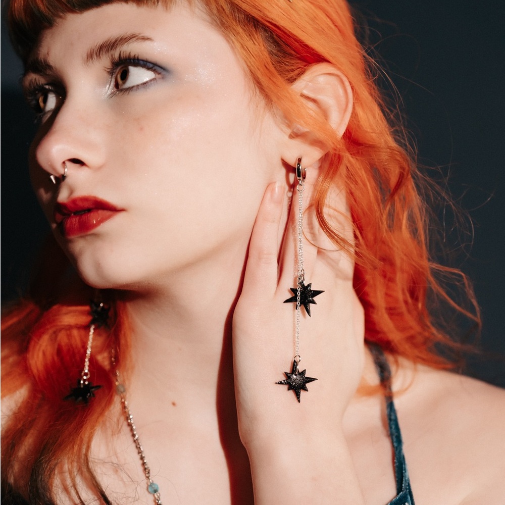 Elegant Black Glitter Star Drop Earrings